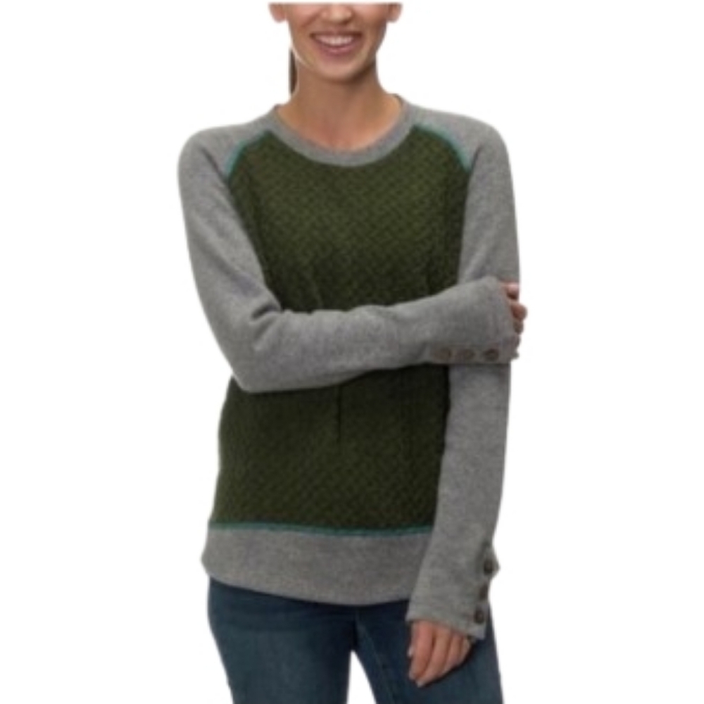 Prana Aya Wool Blend Olive Green/Gray Pullover Sweater Size M 3 Button Cuff Cozy